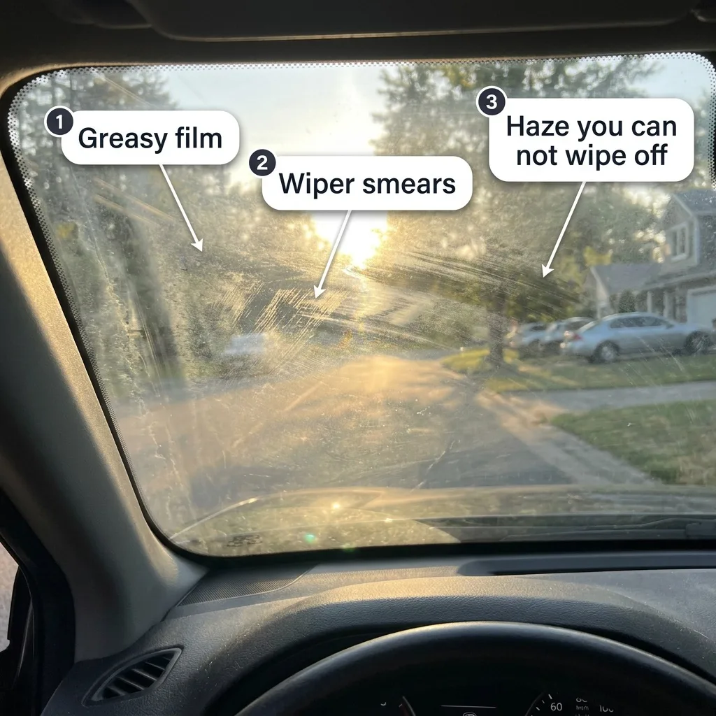 Low sun shows the greasy film, wiper smears and haze on a windshield
