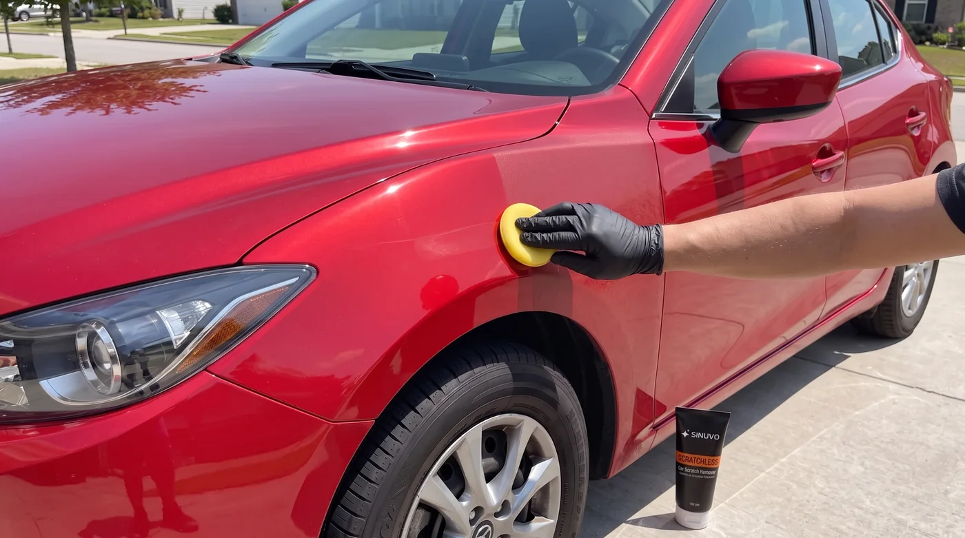 Polishing a scratch on a red fender with Sinuvo Scratchless